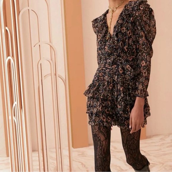 NWT! Ulla Johnson Silk Metallic Black “Esila” Tiered Folk Ikat Mini Dress Sz 2